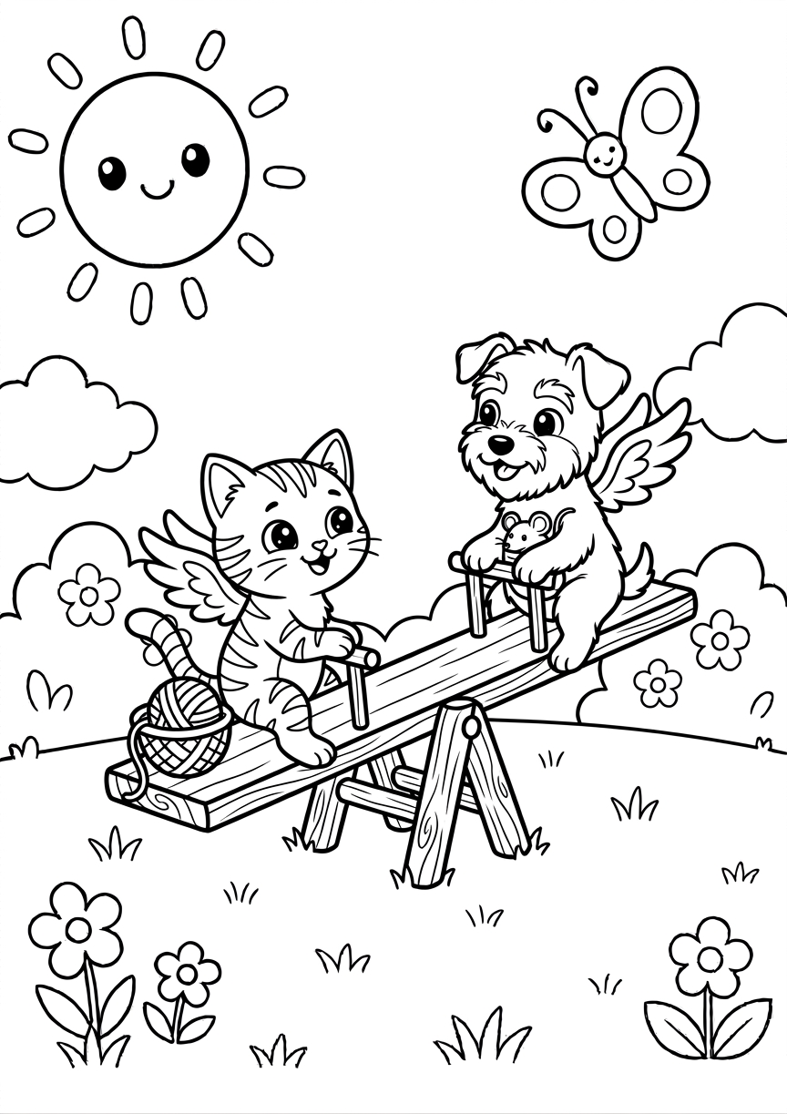 Coloriage chat et chien ailés