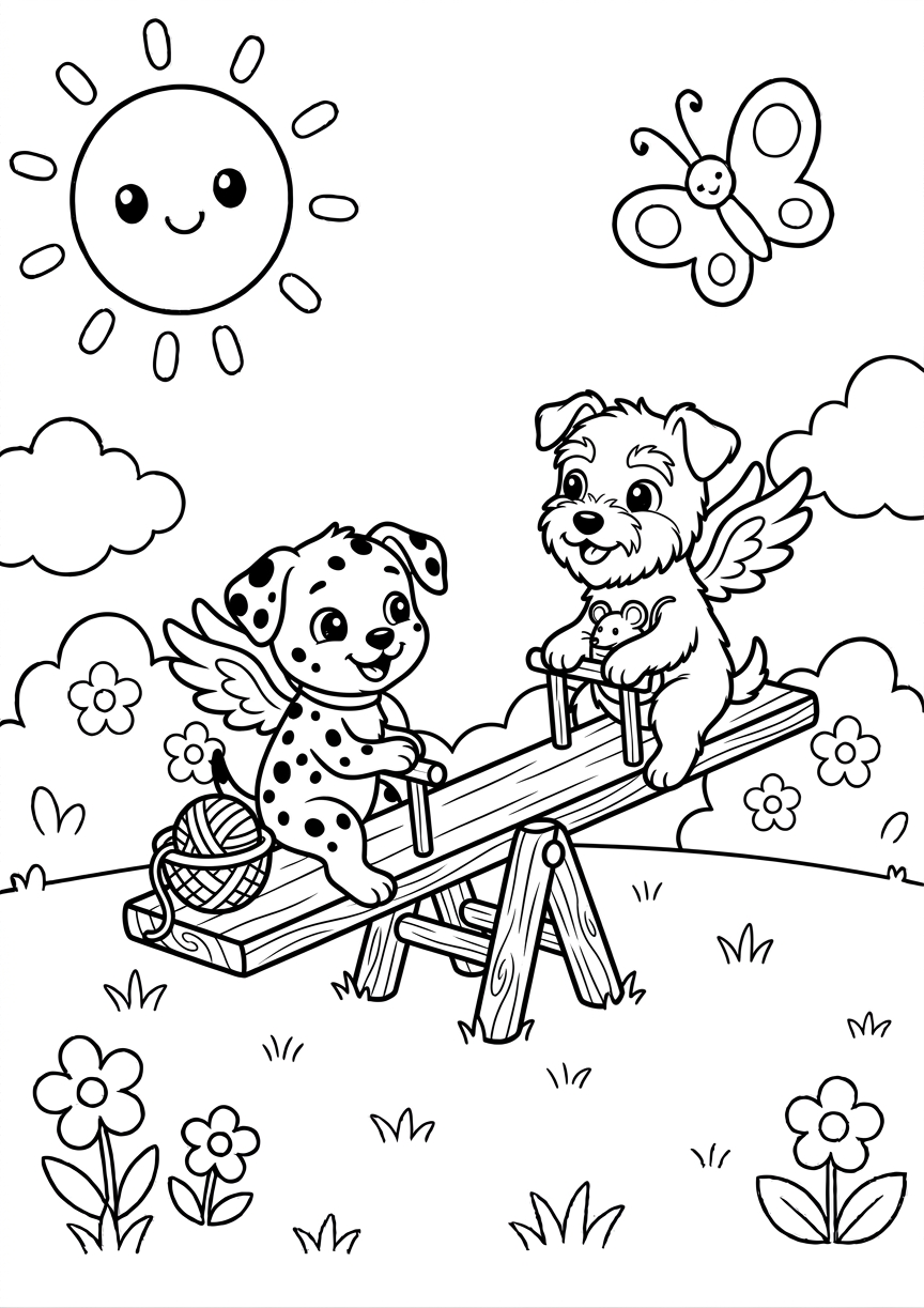 Coloriage chiots ailés sur la balançoire