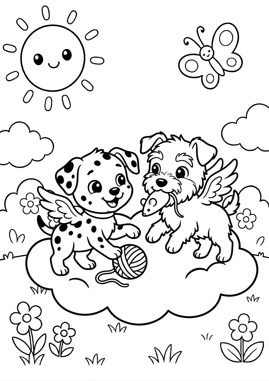 Coloriage chiots ailés sur un nuage