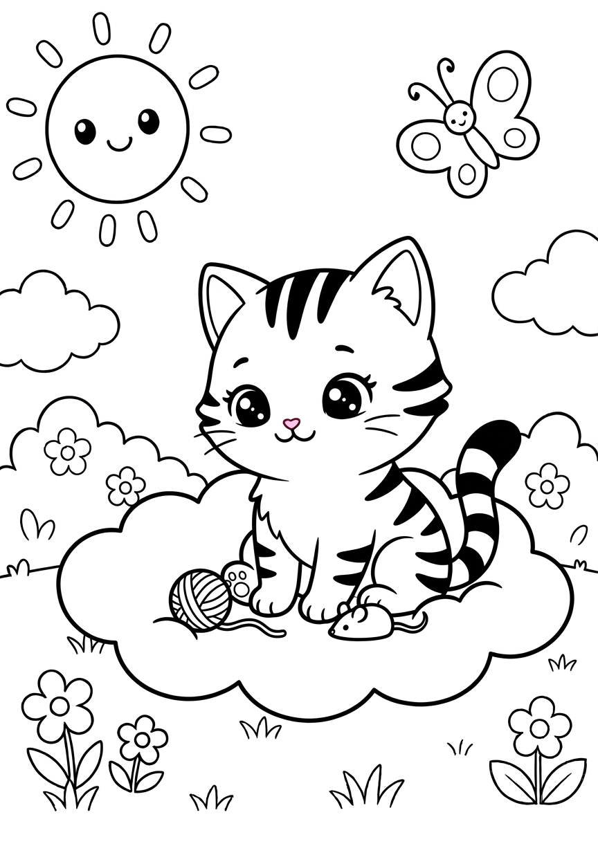 Coloriage chaton sur un nuage