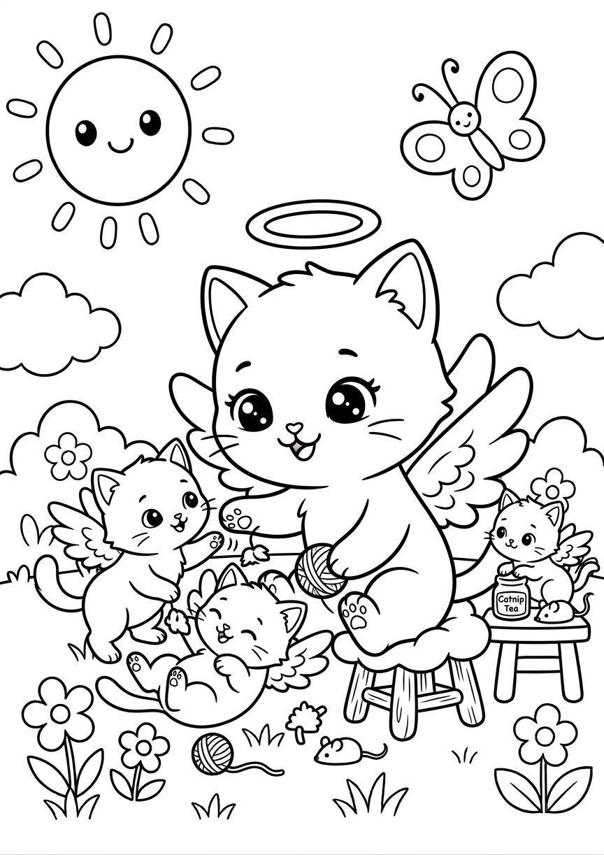 Coloriage chaton ailé avec peluche