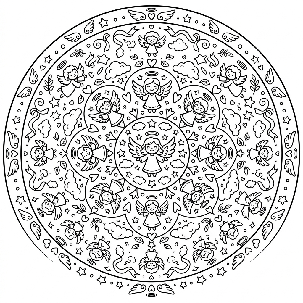 Coloriage mandala anges et fleurs