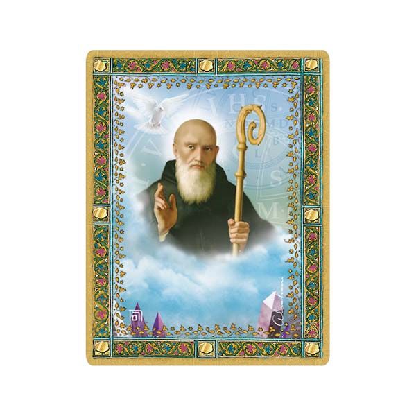 Large card of Saint Benedict with his seal in the background to ward off negative energies and protect against them